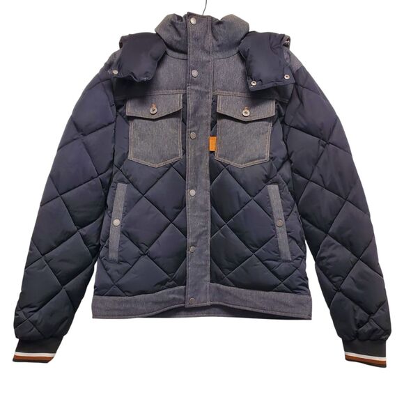SCOTCH & SODA Jacket Mens Large Blue Denim Quilted Puffer Hooded Pockets Outdoor